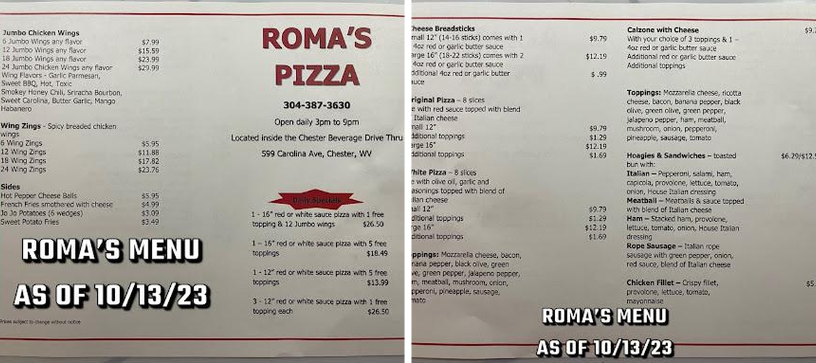Roma's Pizza Menu